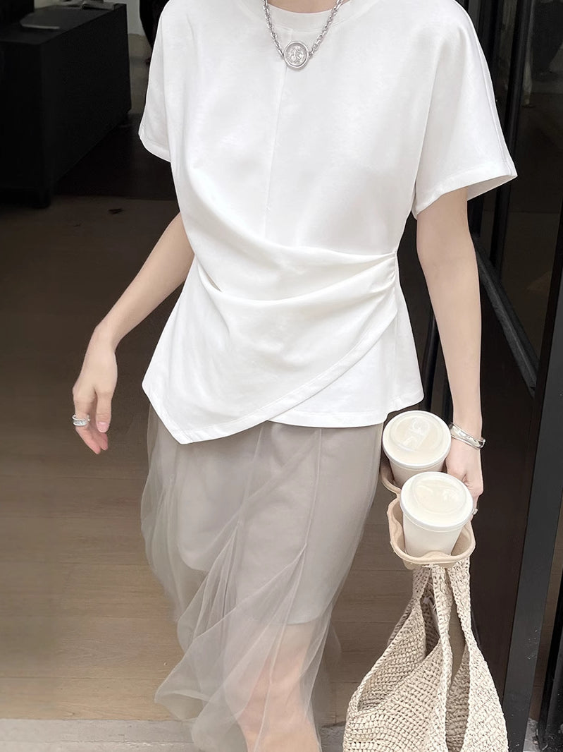 アシンメトリードレープラウンドネックTシャツ 1990
