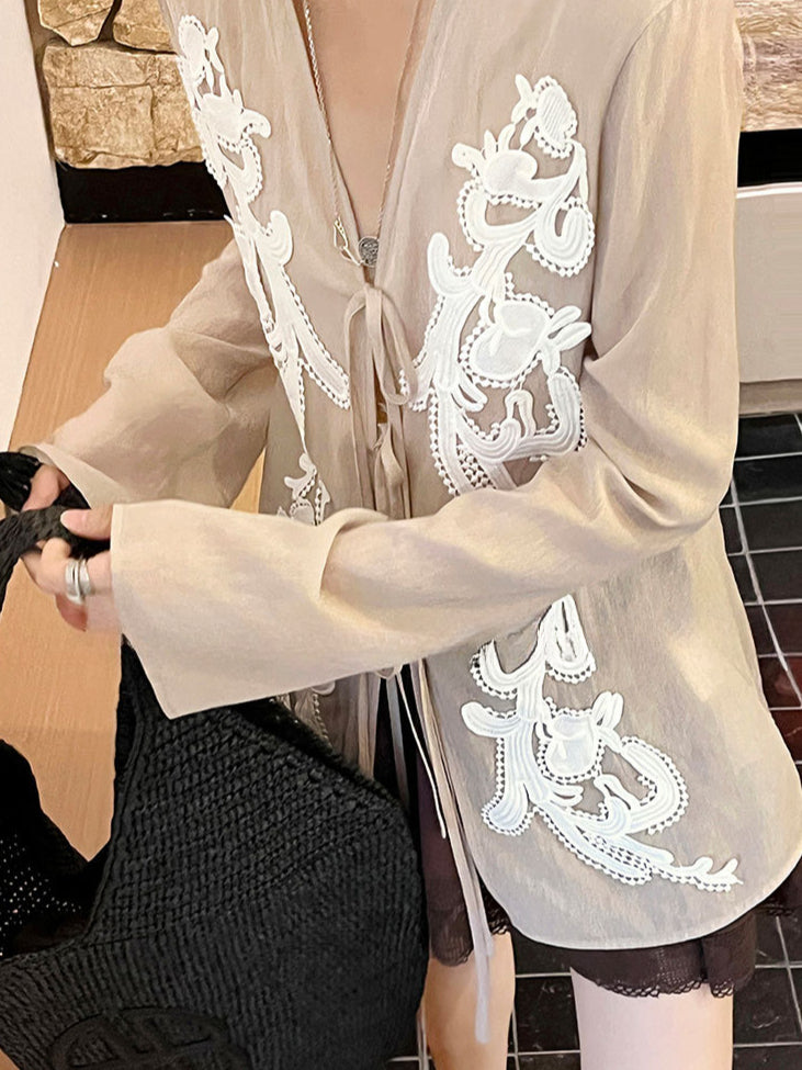 レース刺繍シアーカシュクールシャツ 2036