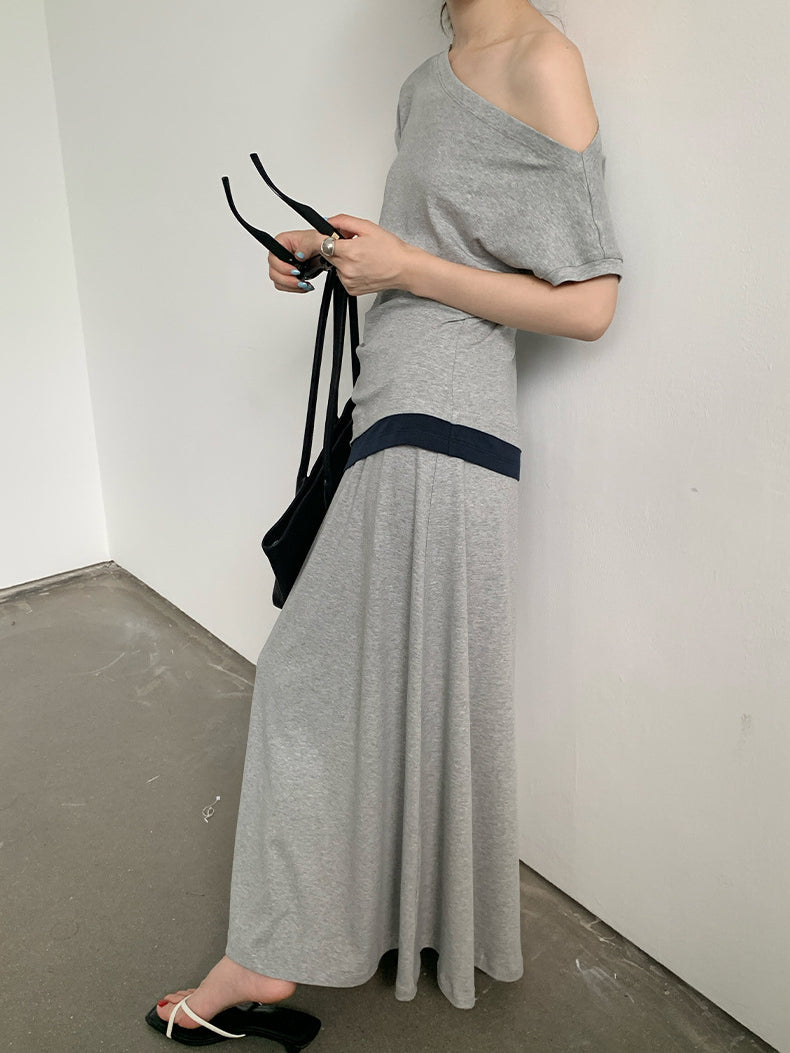 アシンメトリーショルダーバイカラーセットアップ 2018