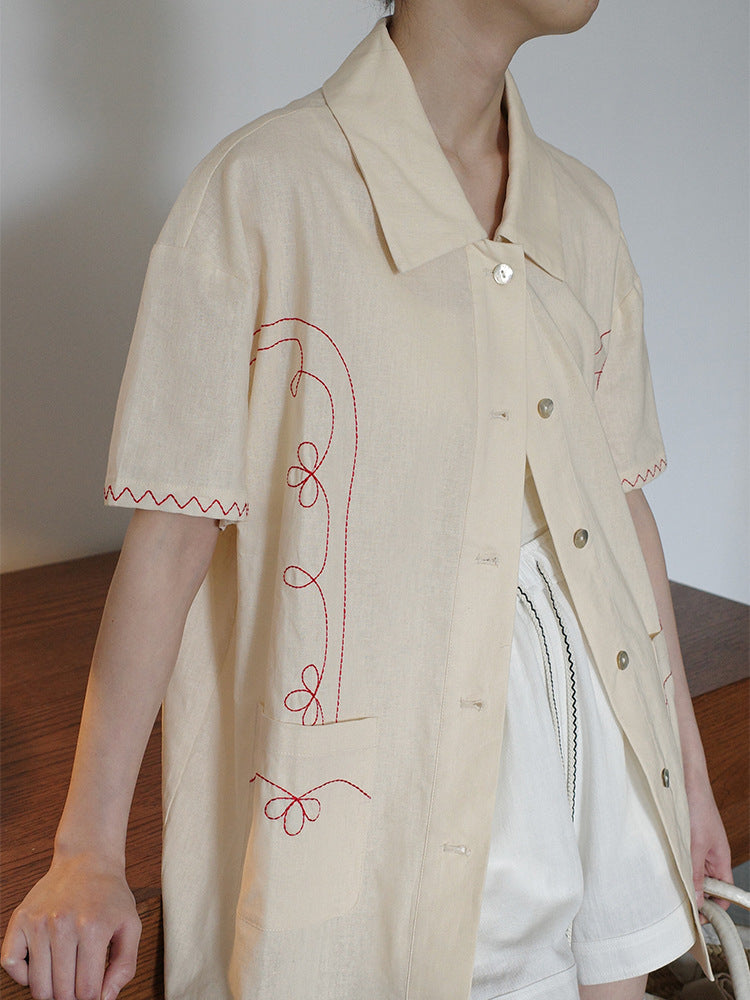 リネン刺繍デザインハーフスリーブシャツ 1963