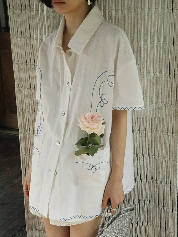 リネン刺繍デザインハーフスリーブシャツ 1963