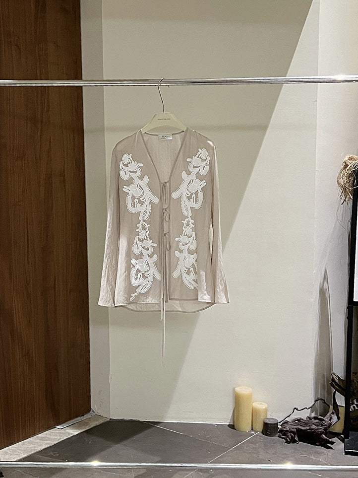 レース刺繍シアーカシュクールシャツ 2036