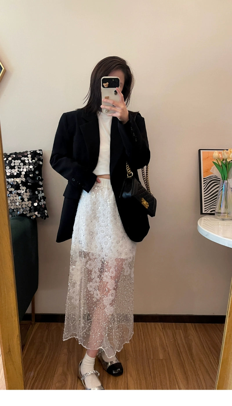 シースルーフラワー刺繍スカート 1371