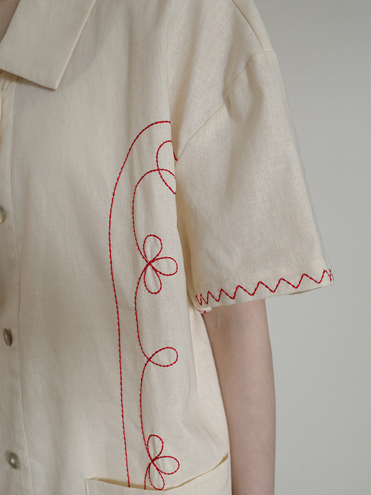 リネン刺繍デザインハーフスリーブシャツ 1963