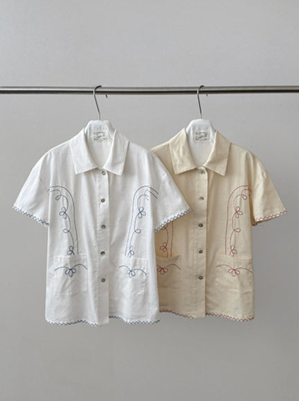 リネン刺繍デザインハーフスリーブシャツ 1963