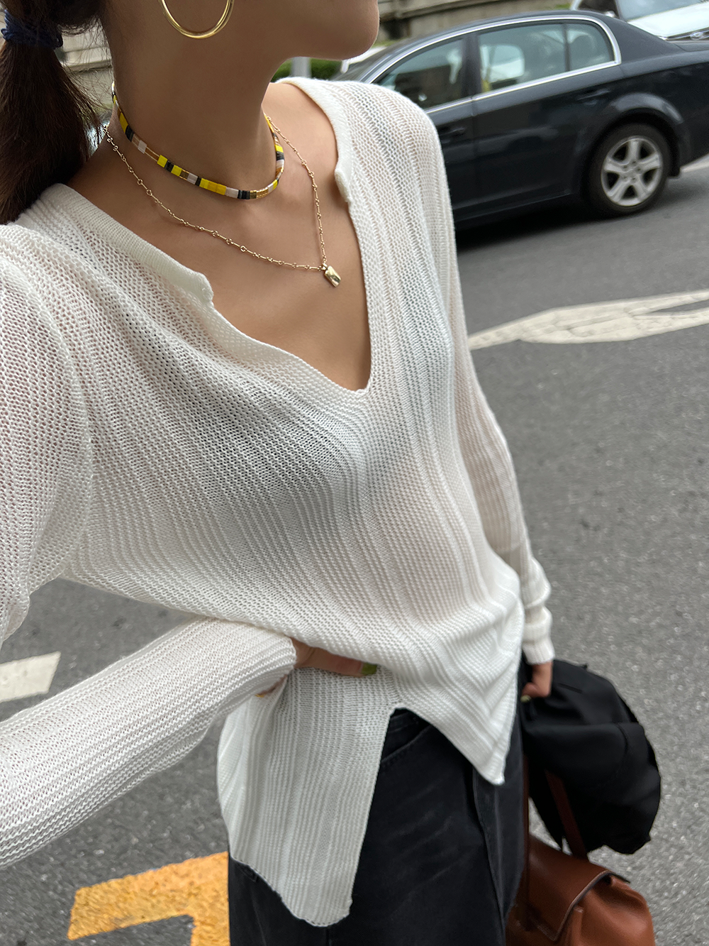 【再入荷】ルーズニットVネックトップス 0840