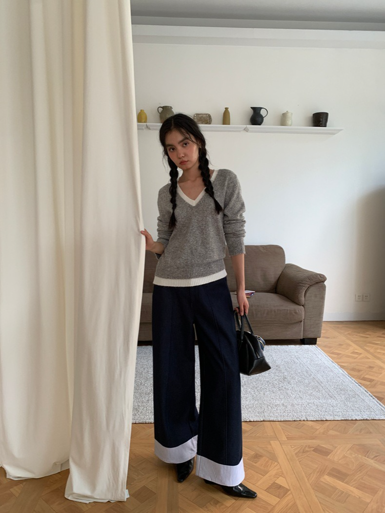 カラーブロックVネックニット 2213