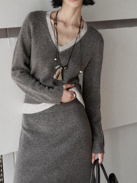 カラーブロックVネックニット 2213