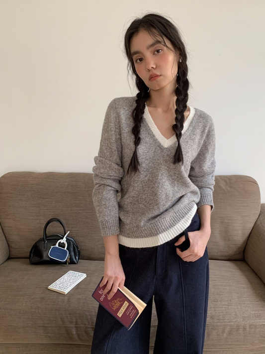 カラーブロックVネックニット 2213