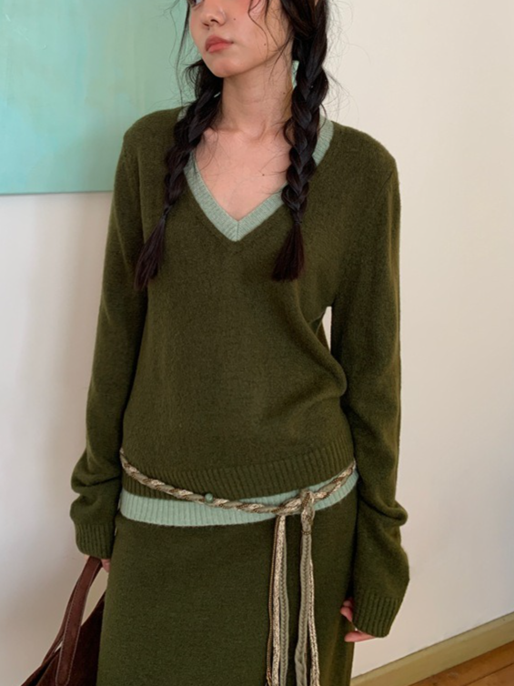 カラーブロックVネックニット 2213