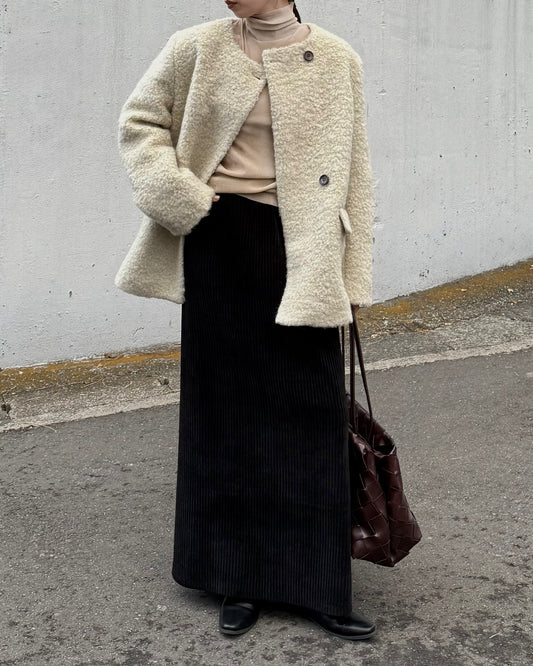 ノーカラーボアミドル丈コート 2231