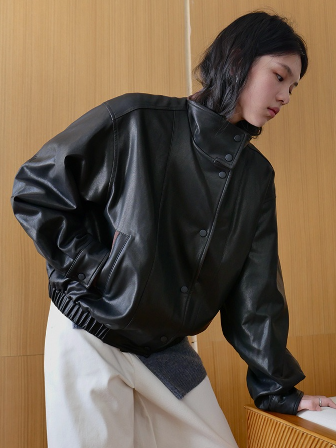 バイカラーフェイクレザーブルゾン 2194