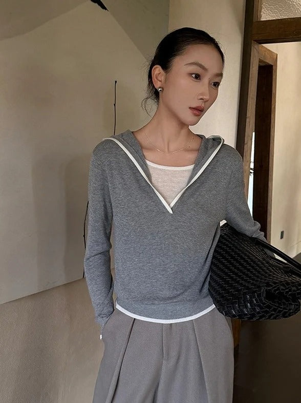 V-NECK HOOD KNIT TOP 2514