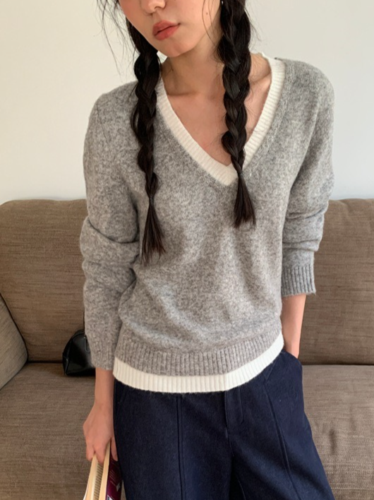 カラーブロックVネックニット 2213