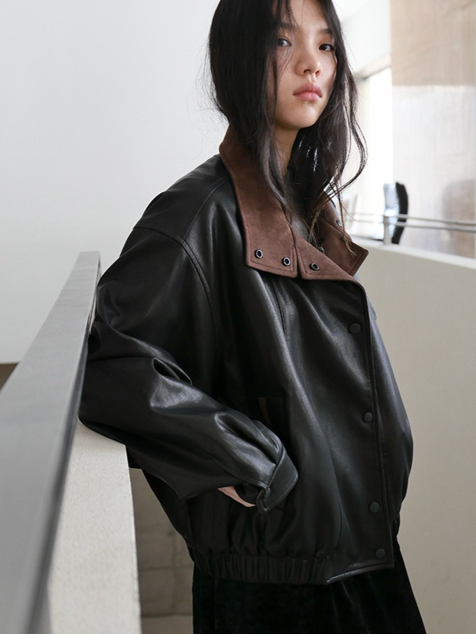 バイカラーフェイクレザーブルゾン 2194