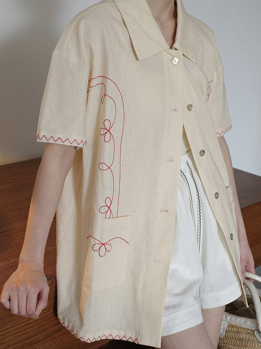 リネン刺繍デザインハーフスリーブシャツ 1963