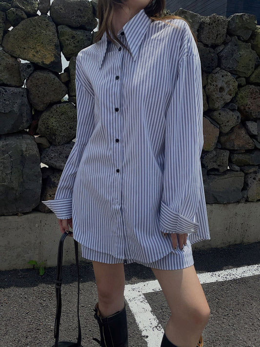 シルキードロップショルダーストライプシャツ 1689