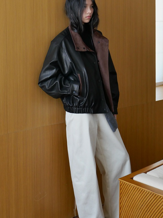 ザリラクス ロング ブルゾン スタジャン ウール レザー 切替 アウター 羽織り ザリラクス ロング ブルゾン スタジャン ウール レザー 切替