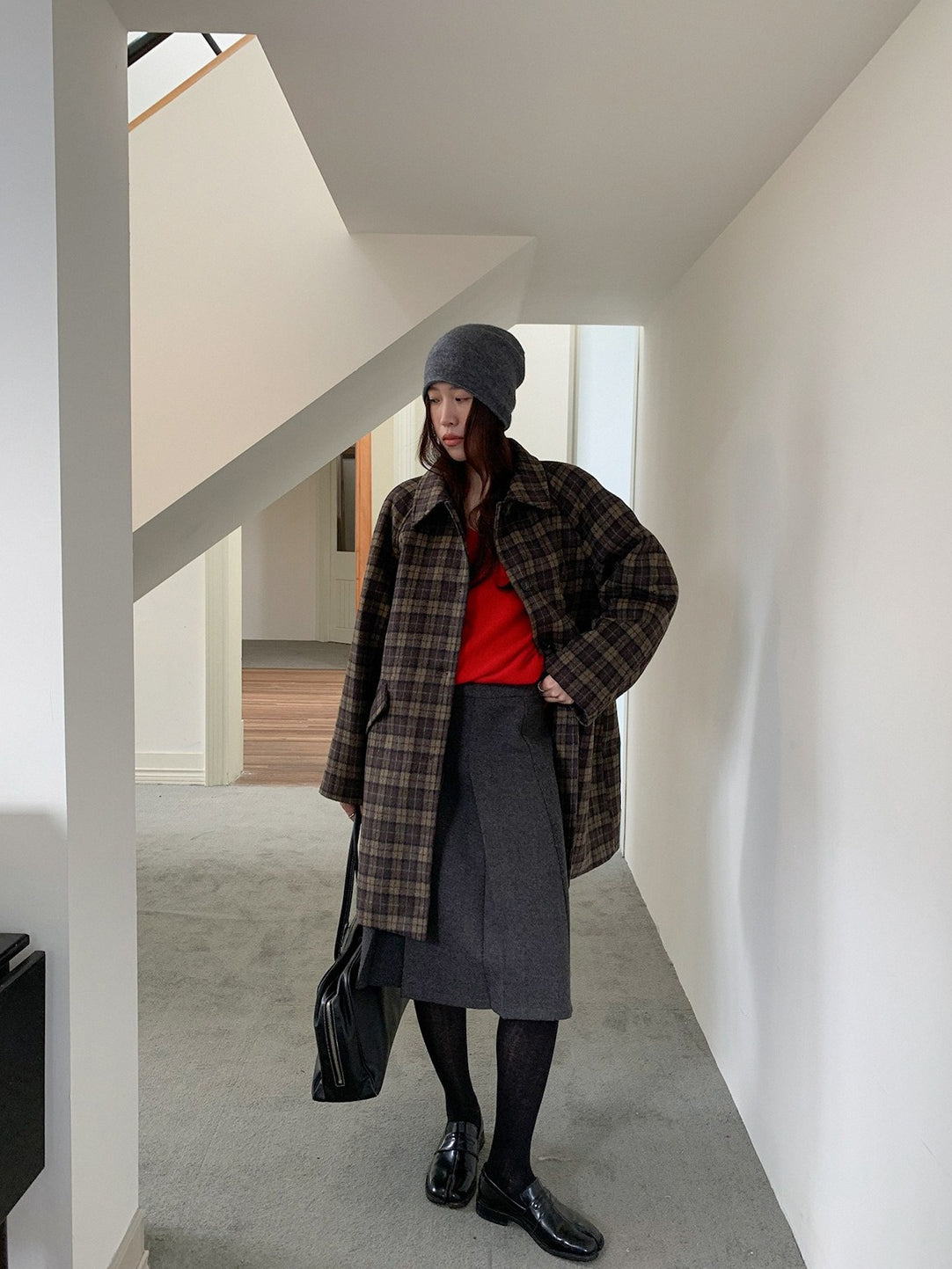 クラシカルチェックステンカラーコート 2236