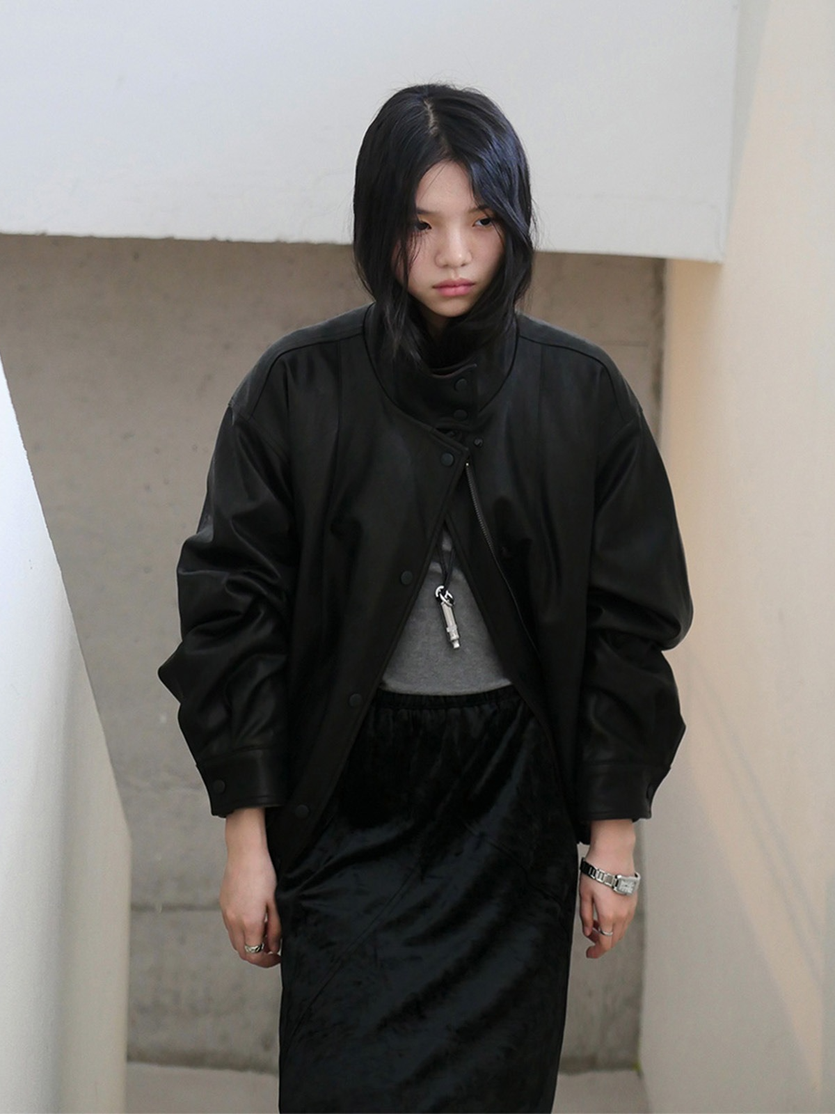 バイカラーフェイクレザーブルゾン 2194