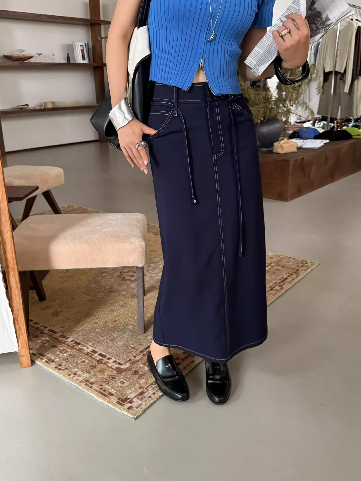 トラサルディ　スカート　シルク　スリット　46サイズ セットアップ対応】ニードルパンチ千鳥柄タイトスリットスカート